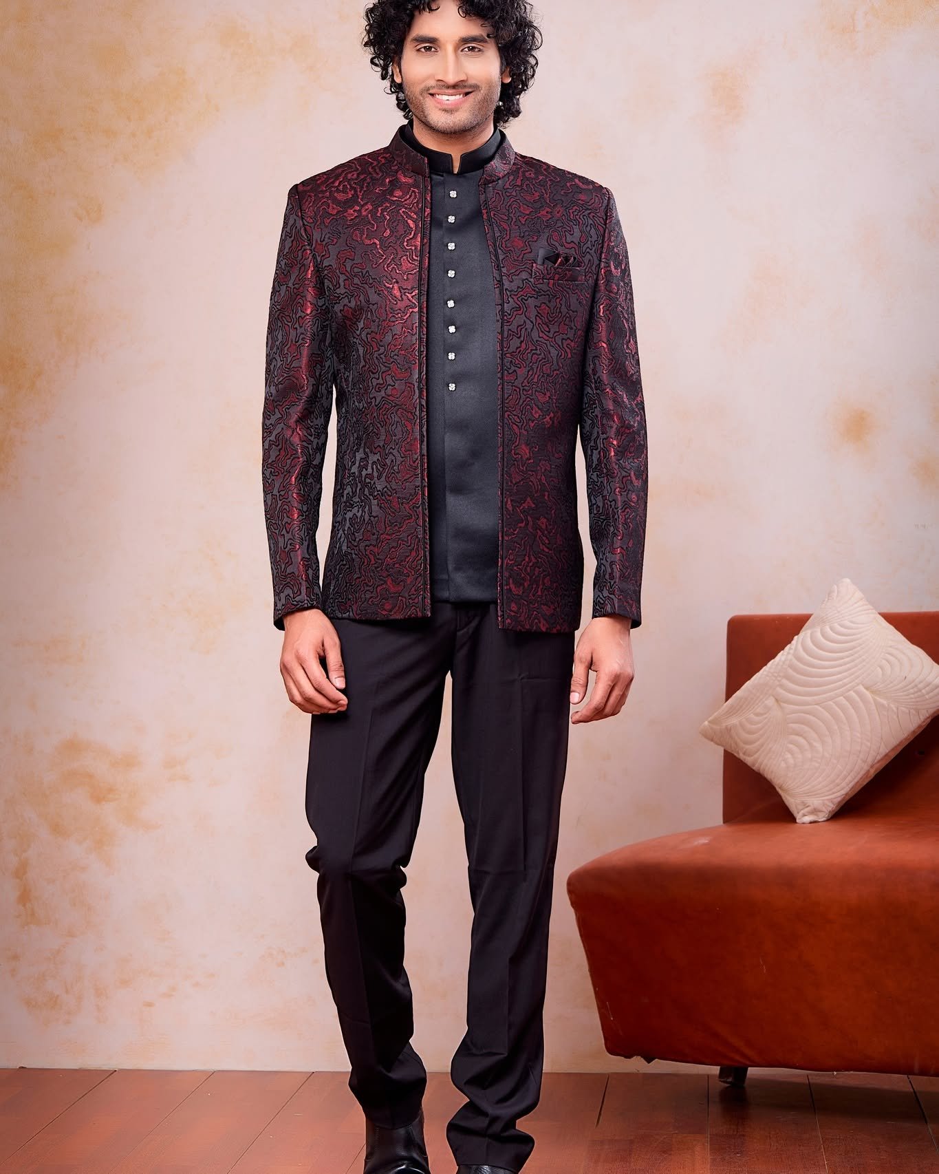Make a bold and royal style statement with this Designer Wine & Black 3-Piece Jodhpuri Jacket Set for Men Featuring a luxurious imported jacquard fabric with an elegant pattern, this premium ethnic outfit is perfect for weddings, receptions, engagements, parties and special occasions.
